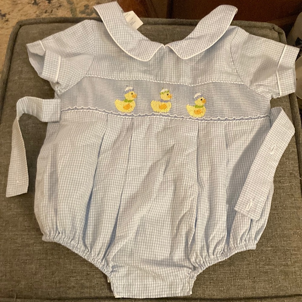 Elise James smocked onesie with rubber duckies